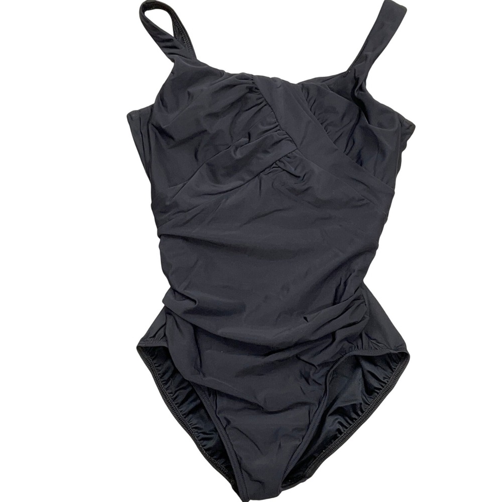 Lands' End One Piece Swimsuit Women 10D Black Ruched Criss Cross Back Beach